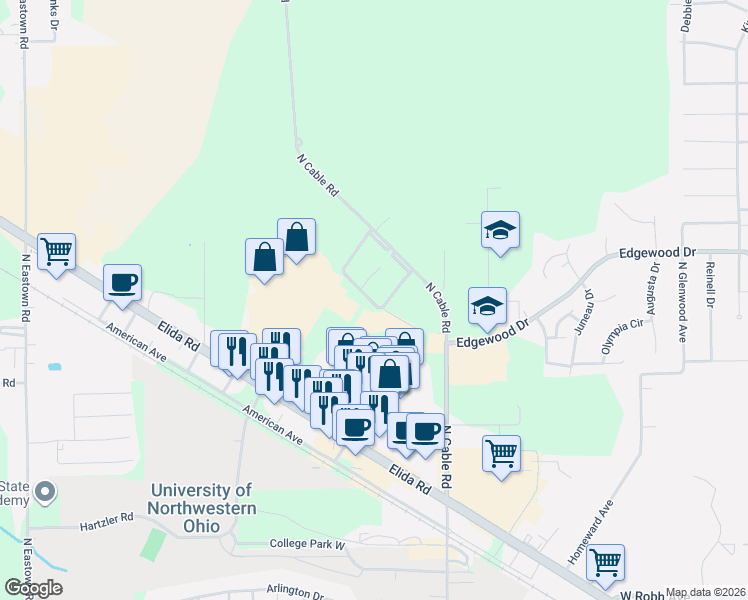 map of restaurants, bars, coffee shops, grocery stores, and more near 2275 North Cable Road in Lima