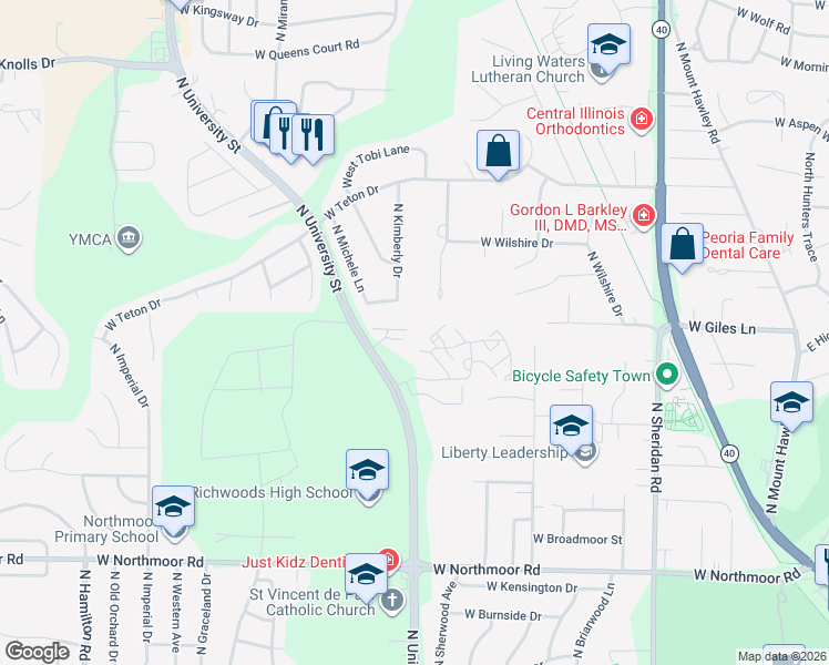 map of restaurants, bars, coffee shops, grocery stores, and more near 6516 North University Street in Peoria