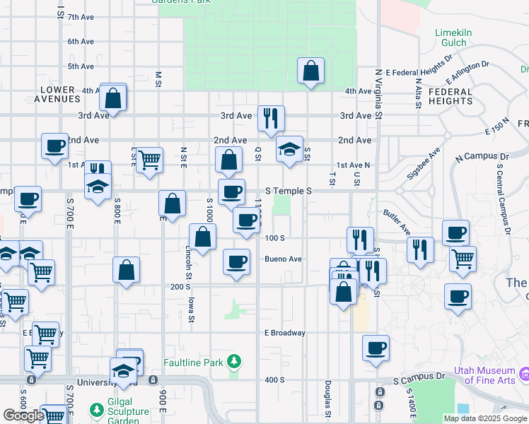 map of restaurants, bars, coffee shops, grocery stores, and more near 33 1100 East in Salt Lake City