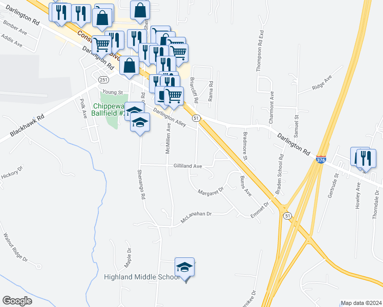 map of restaurants, bars, coffee shops, grocery stores, and more near 134 Knowlson Avenue in Beaver Falls