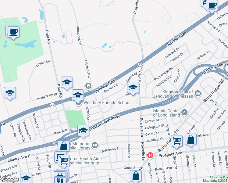 map of restaurants, bars, coffee shops, grocery stores, and more near 515 Queen Street in Westbury