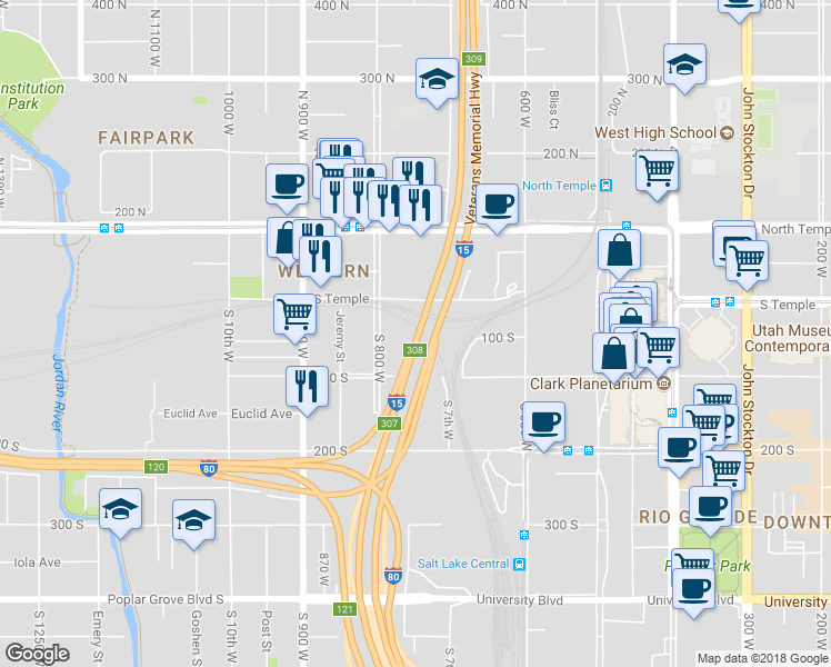 map of restaurants, bars, coffee shops, grocery stores, and more near 45 South 800 West in Salt Lake City
