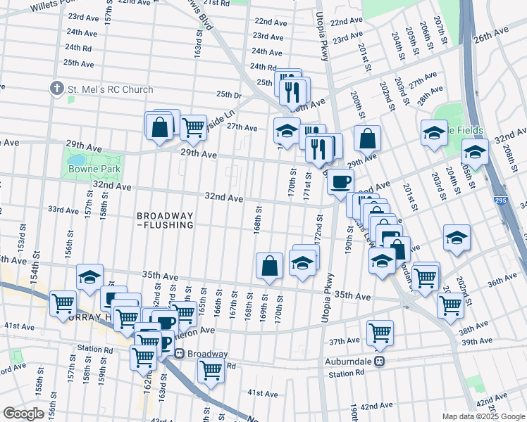 map of restaurants, bars, coffee shops, grocery stores, and more near 32-15 168th Street in Queens
