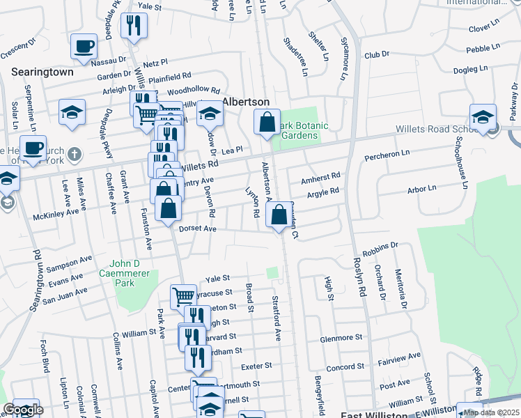 map of restaurants, bars, coffee shops, grocery stores, and more near 73 Lynton Road in Albertson