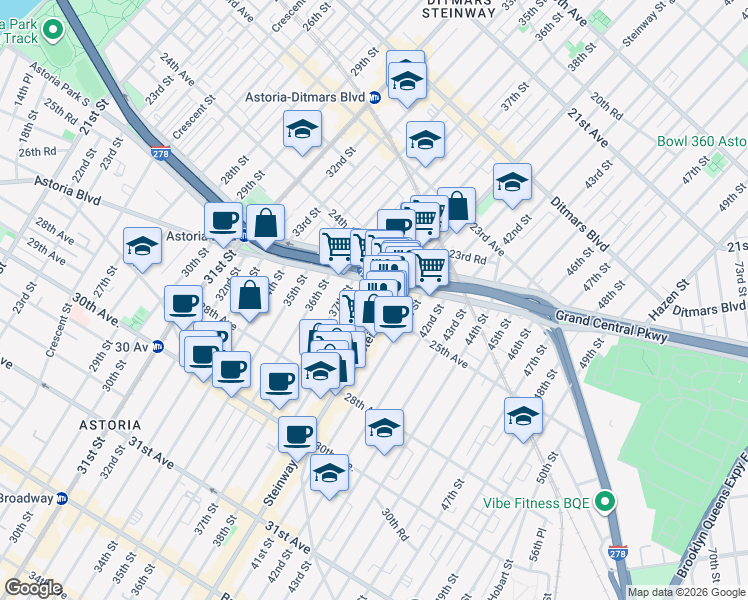 map of restaurants, bars, coffee shops, grocery stores, and more near 2512 Steinway Street in Queens