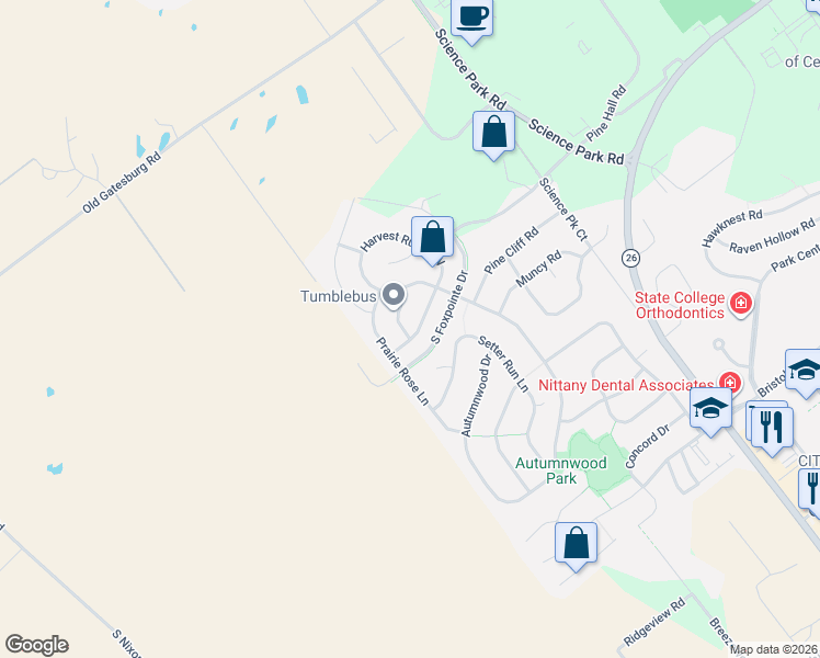 map of restaurants, bars, coffee shops, grocery stores, and more near 113-199 Meadowhawk Lane in State College