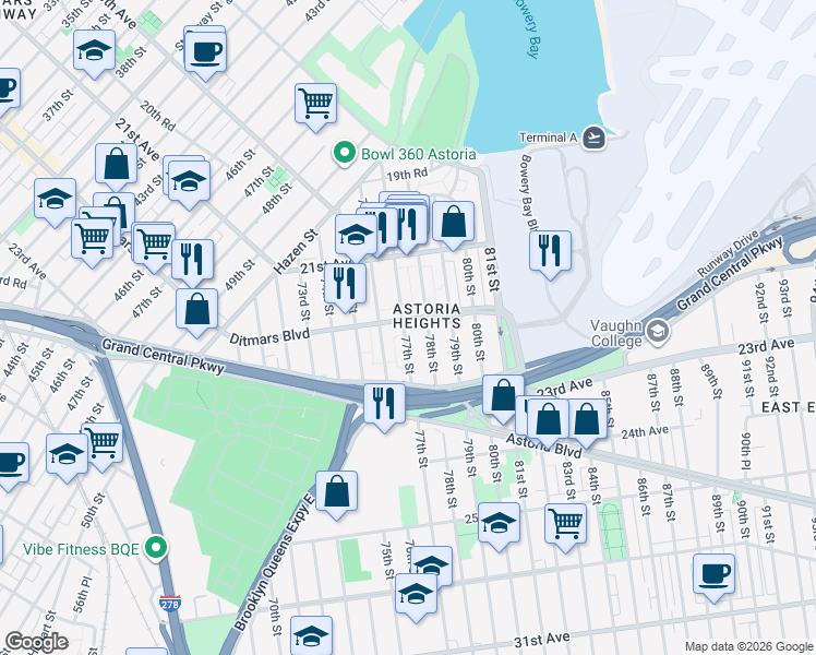 map of restaurants, bars, coffee shops, grocery stores, and more near in Queens