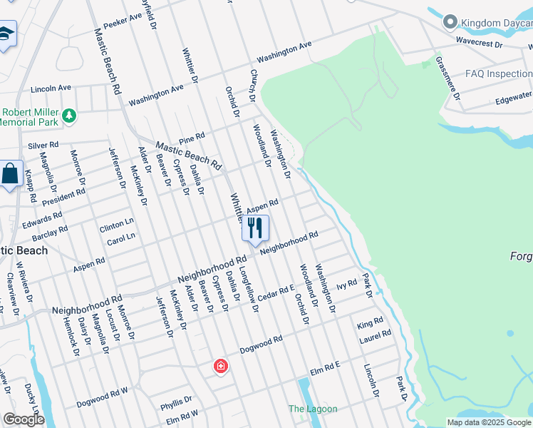 map of restaurants, bars, coffee shops, grocery stores, and more near 148 Orchid Drive in Mastic Beach