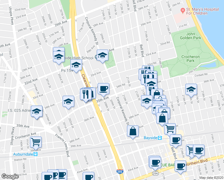 map of restaurants, bars, coffee shops, grocery stores, and more near 34-28 Corporal Kennedy Street in Queens