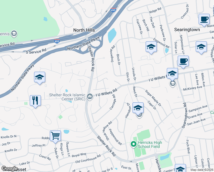 map of restaurants, bars, coffee shops, grocery stores, and more near 6 Woodcrest Drive in Roslyn