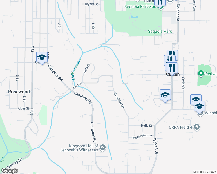 map of restaurants, bars, coffee shops, grocery stores, and more near 4080 Excelsior Rd in Eureka