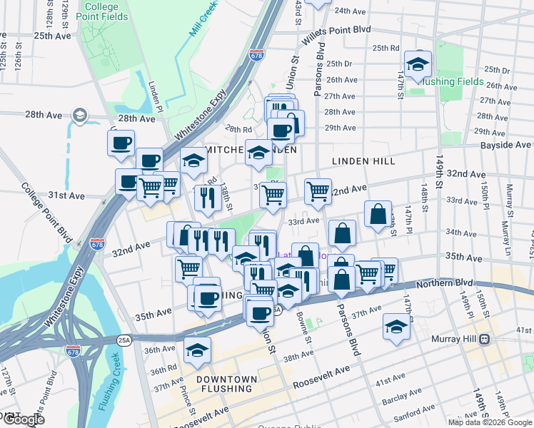 map of restaurants, bars, coffee shops, grocery stores, and more near 32-15 Leavitt Street in Queens