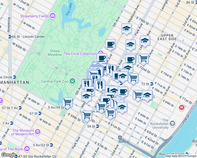 map of restaurants, bars, coffee shops, grocery stores, and more near 785 Madison Avenue in New York