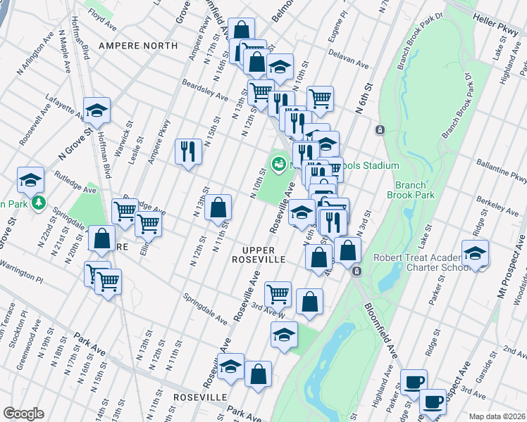 map of restaurants, bars, coffee shops, grocery stores, and more near 118 Peck Avenue in Newark