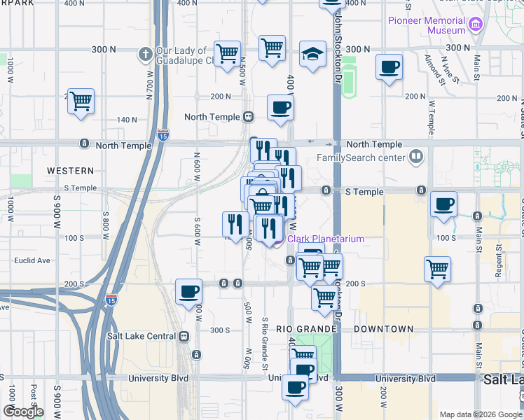 map of restaurants, bars, coffee shops, grocery stores, and more near 26 South Rio Grande Street in Salt Lake City