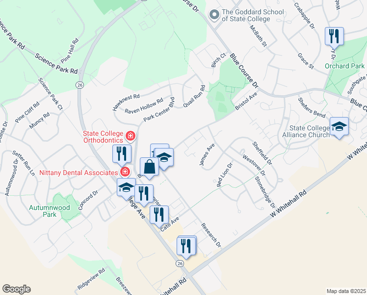 map of restaurants, bars, coffee shops, grocery stores, and more near 1730 Bristol Ave in State College