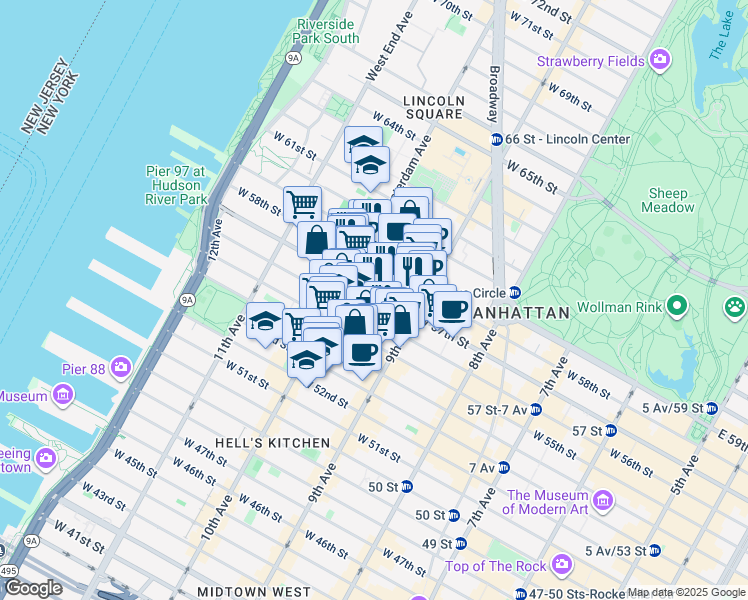 map of restaurants, bars, coffee shops, grocery stores, and more near 440 West 57th Street in New York