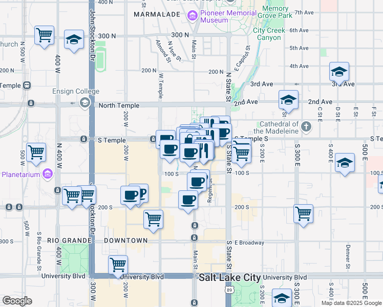 map of restaurants, bars, coffee shops, grocery stores, and more near 40 South Main Street in Salt Lake City