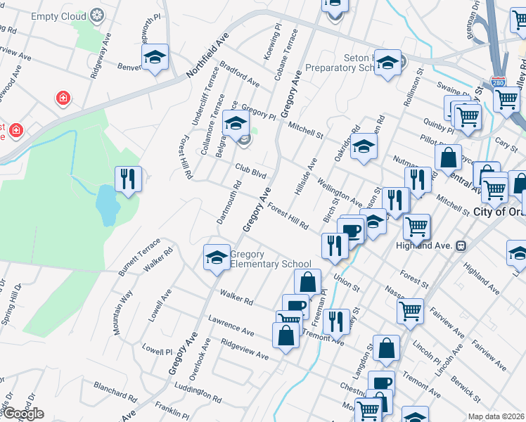 map of restaurants, bars, coffee shops, grocery stores, and more near 248 Gregory Avenue in West Orange