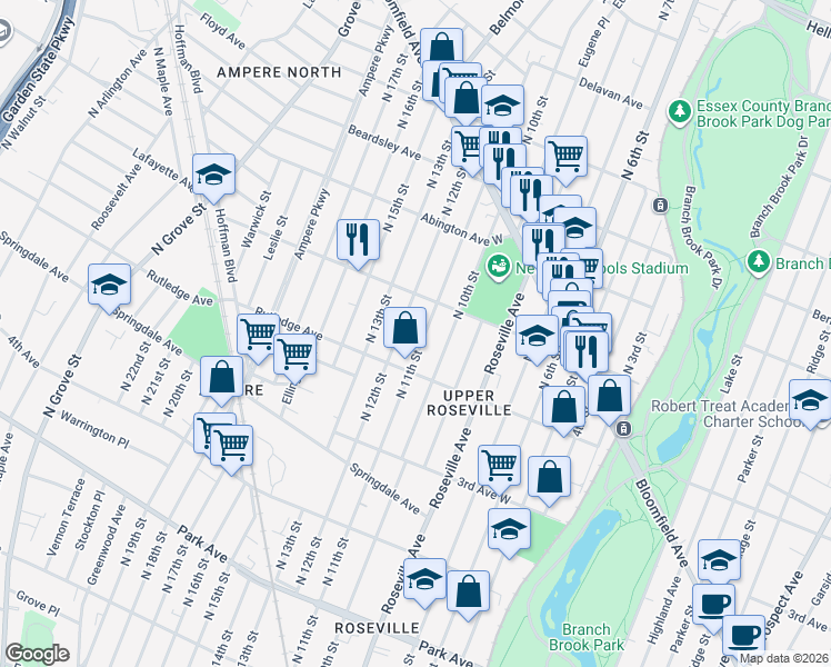 map of restaurants, bars, coffee shops, grocery stores, and more near 284 1st Avenue in Newark