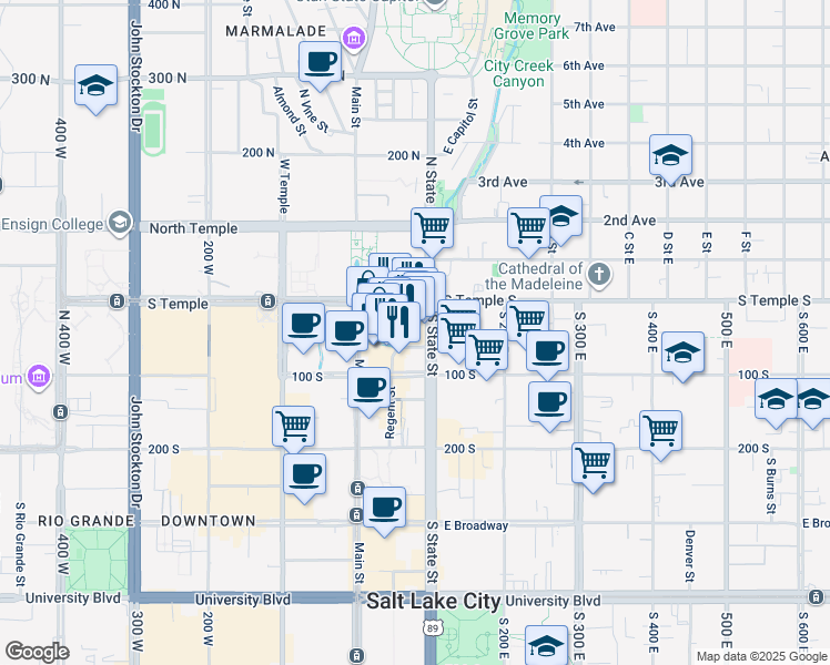 map of restaurants, bars, coffee shops, grocery stores, and more near 35 East 100 South in Salt Lake City