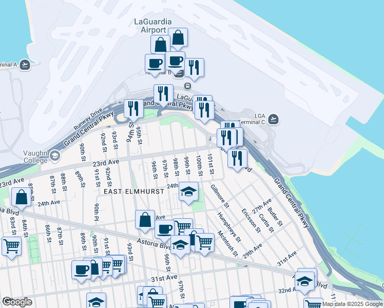 map of restaurants, bars, coffee shops, grocery stores, and more near 99-20 23rd Avenue in Queens