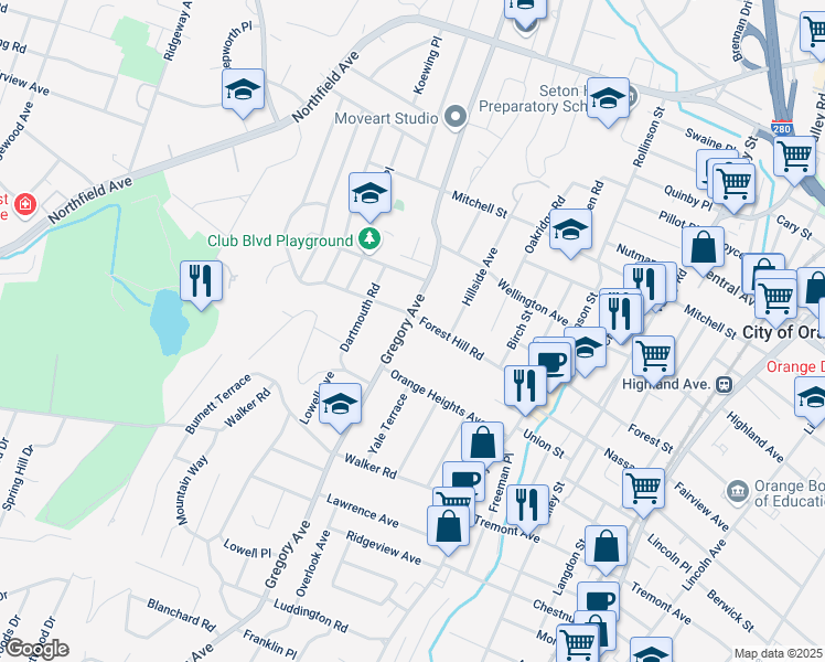 map of restaurants, bars, coffee shops, grocery stores, and more near 248 Gregory Avenue in West Orange