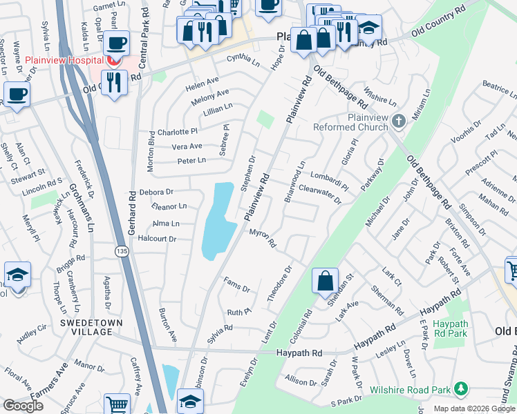 map of restaurants, bars, coffee shops, grocery stores, and more near 600 Plainview Road in Plainview