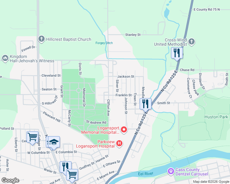 map of restaurants, bars, coffee shops, grocery stores, and more near 1618 Silver Street in Logansport