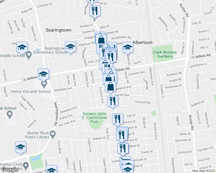 map of restaurants, bars, coffee shops, grocery stores, and more near 901 Willis Avenue in Albertson