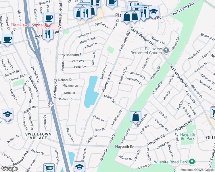 map of restaurants, bars, coffee shops, grocery stores, and more near 600 Plainview Road in Plainview