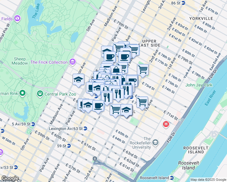 map of restaurants, bars, coffee shops, grocery stores, and more near 201 East 70th Street in New York