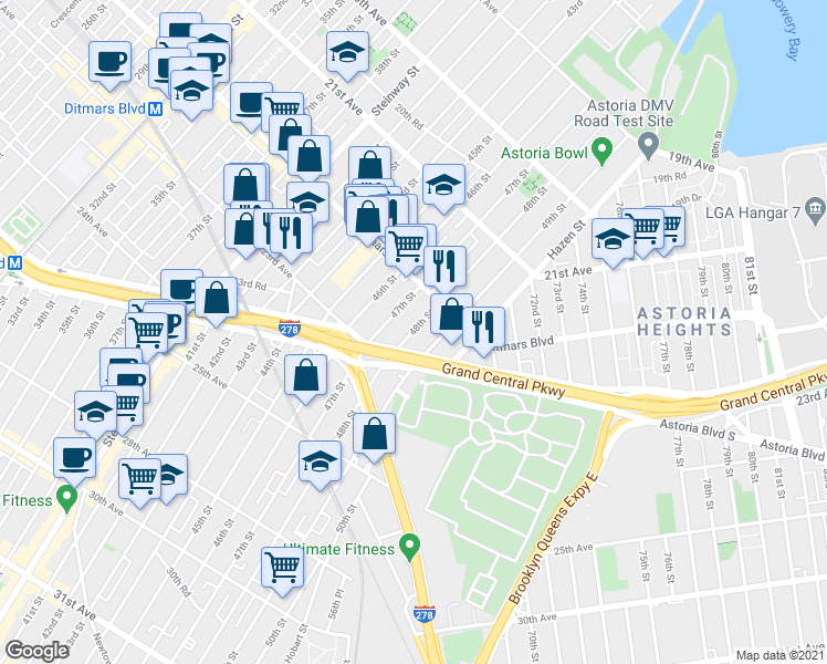 map of restaurants, bars, coffee shops, grocery stores, and more near 22-38 48th Street in Queens