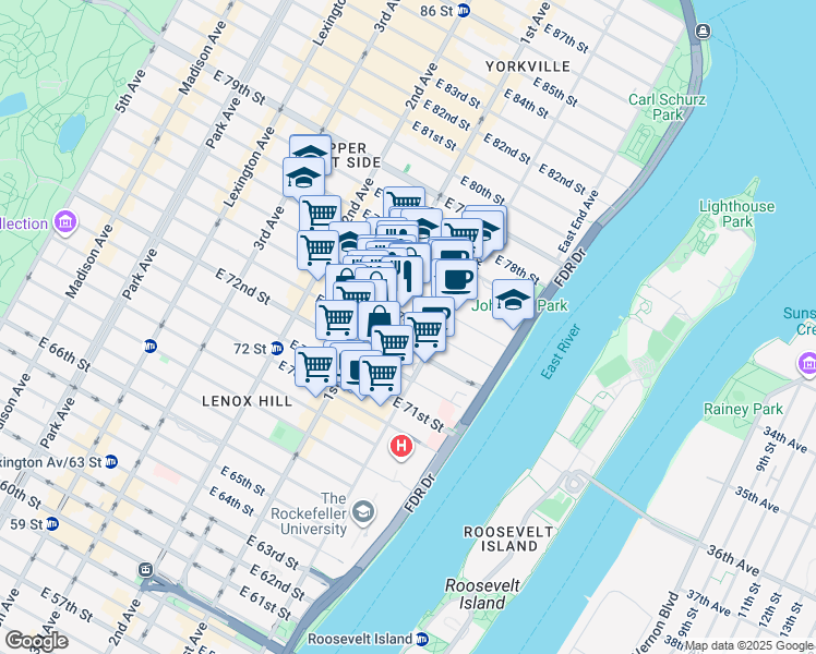 map of restaurants, bars, coffee shops, grocery stores, and more near 484 East 74th Street in New York