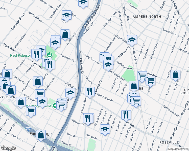 map of restaurants, bars, coffee shops, grocery stores, and more near 327 North Maple Avenue in East Orange