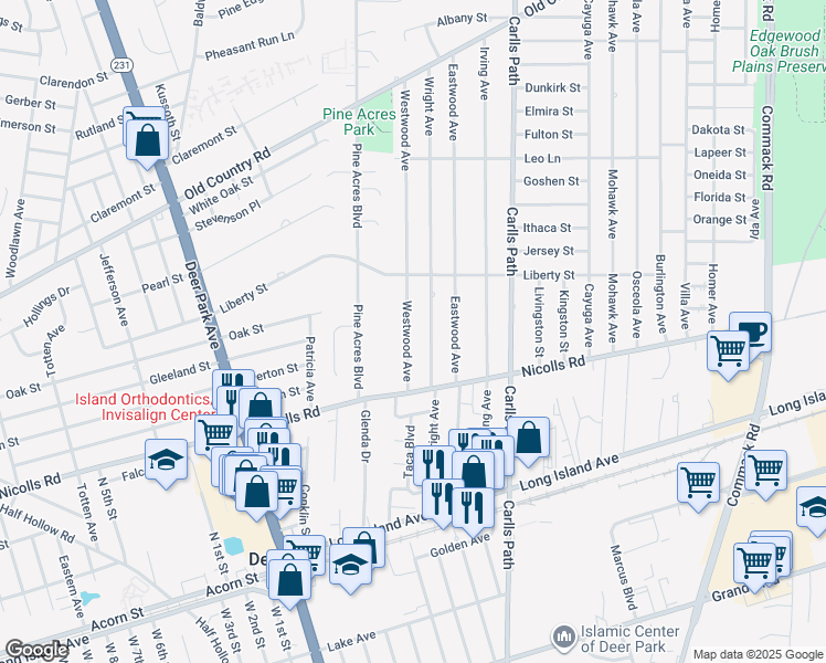 map of restaurants, bars, coffee shops, grocery stores, and more near 17 Westwood Avenue in Deer Park