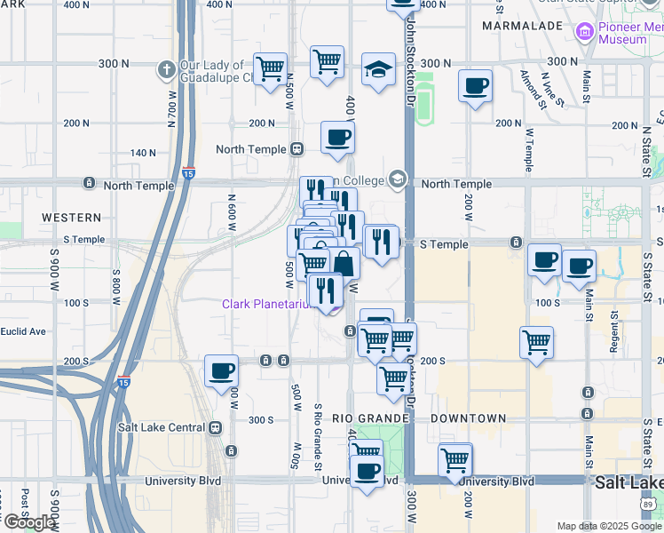 map of restaurants, bars, coffee shops, grocery stores, and more near 18 North Rio Grande Street in Salt Lake City