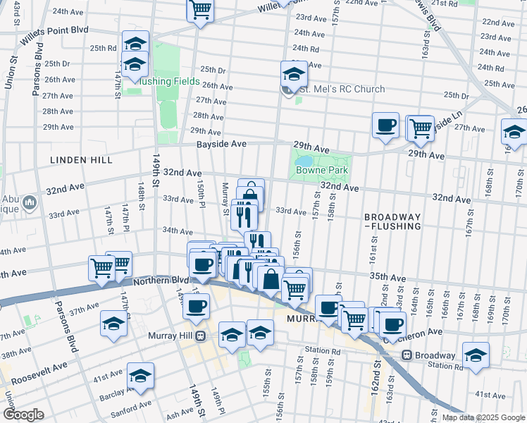map of restaurants, bars, coffee shops, grocery stores, and more near 153-20 154th Street in Queens
