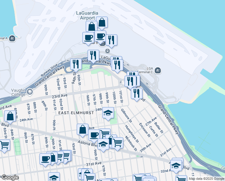 map of restaurants, bars, coffee shops, grocery stores, and more near 99-20 23rd Avenue in Queens