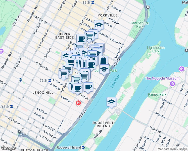 map of restaurants, bars, coffee shops, grocery stores, and more near 534 East 75th Street in New York