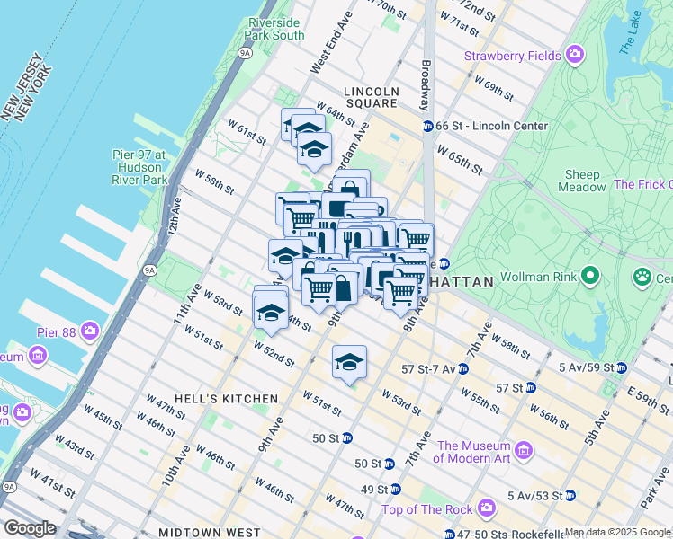 map of restaurants, bars, coffee shops, grocery stores, and more near 871 9th Avenue in New York