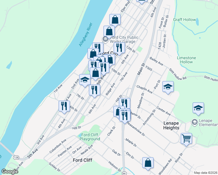 map of restaurants, bars, coffee shops, grocery stores, and more near 830 6th Ave in Ford City