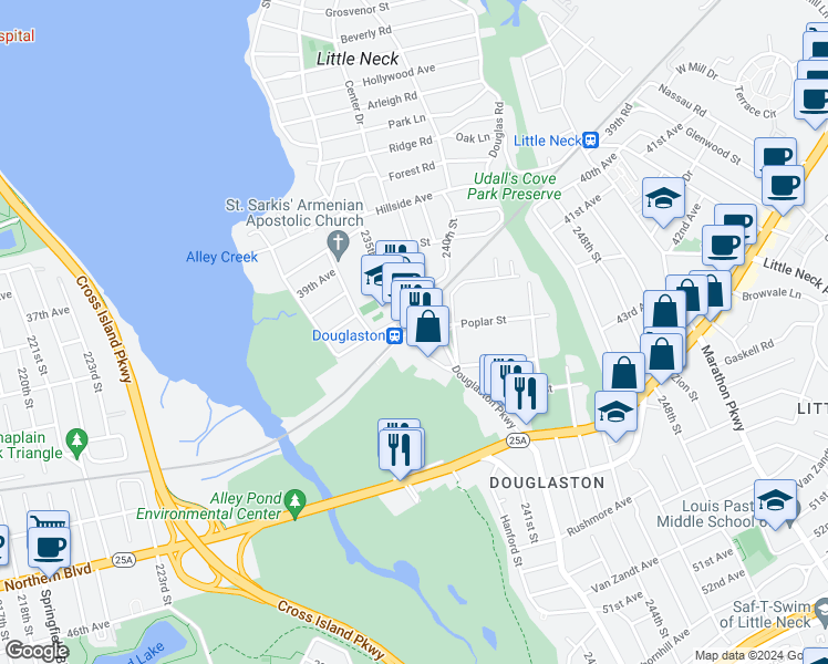 map of restaurants, bars, coffee shops, grocery stores, and more near 42-03 235th Street in Queens