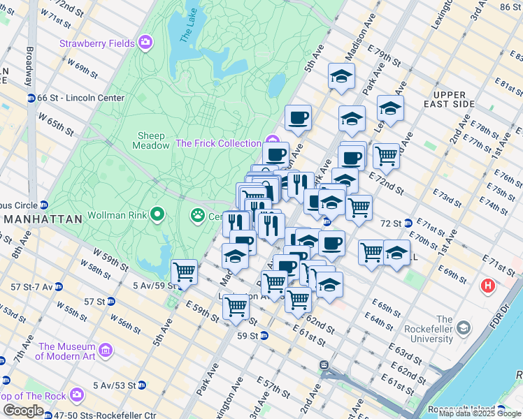 map of restaurants, bars, coffee shops, grocery stores, and more near 786 Madison Avenue in New York