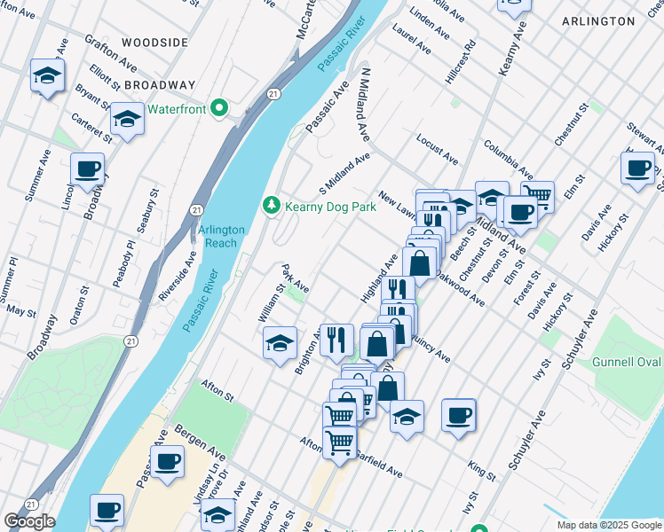 map of restaurants, bars, coffee shops, grocery stores, and more near 502 Belgrove Drive in Kearny