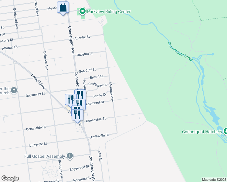 map of restaurants, bars, coffee shops, grocery stores, and more near 953 Montauk Avenue in Islip Terrace