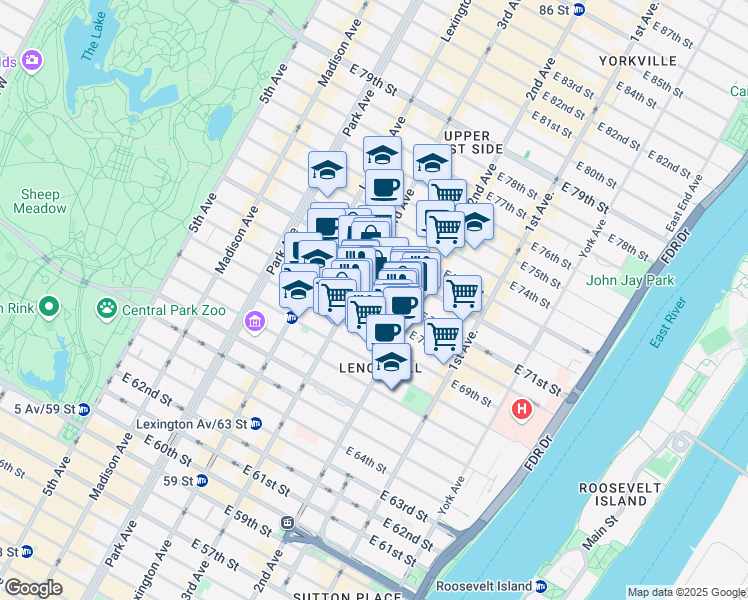 map of restaurants, bars, coffee shops, grocery stores, and more near 219 East 71st Street in New York