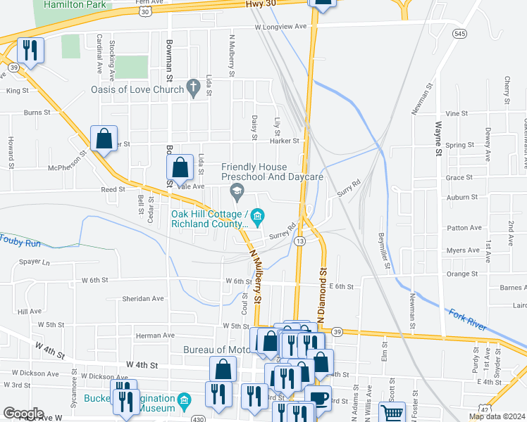 map of restaurants, bars, coffee shops, grocery stores, and more near 354 Oak Hill Place in Mansfield