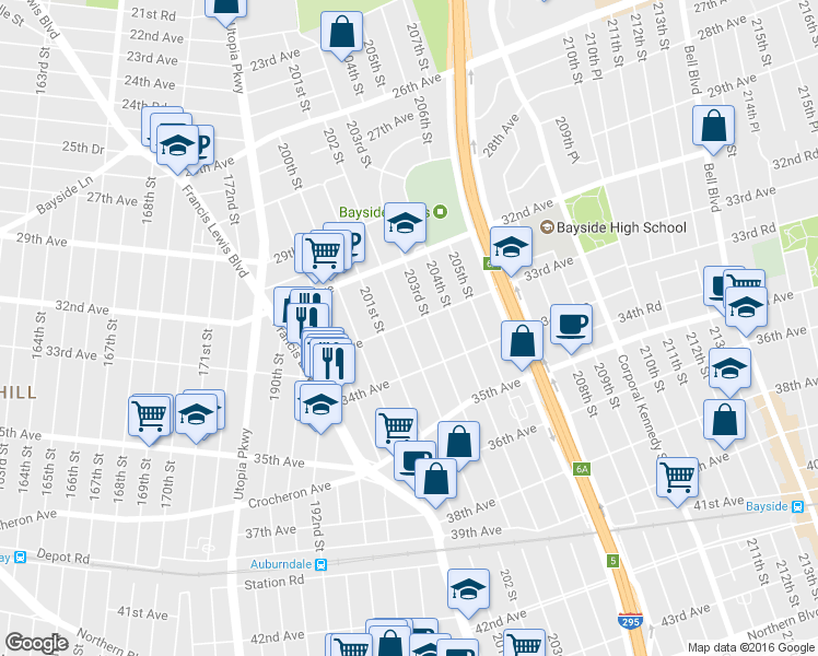 map of restaurants, bars, coffee shops, grocery stores, and more near 202-2 33rd Avenue in Queens