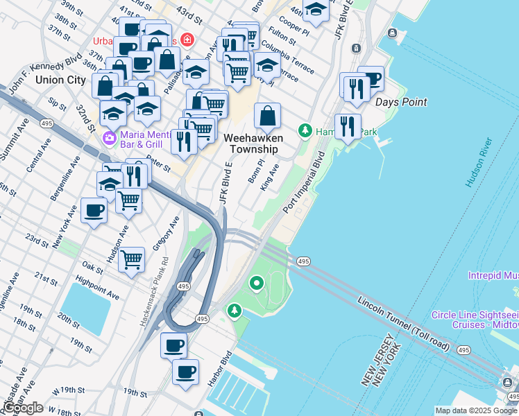 map of restaurants, bars, coffee shops, grocery stores, and more near 70 King Avenue in Weehawken